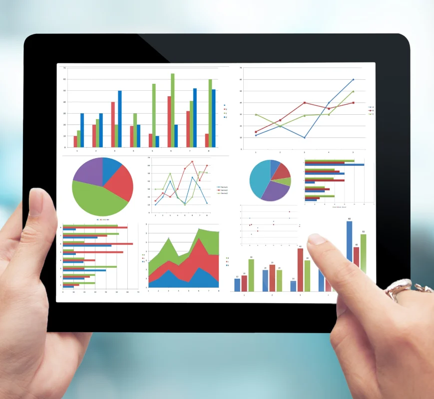 a3 (3) A person is holding an ipad with graphs on it.