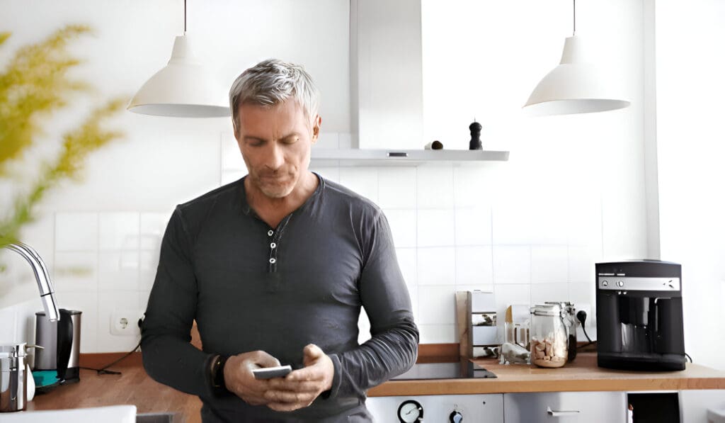 Man using smartphone in modern kitchen.
