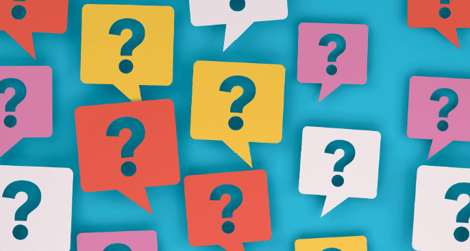 Colorful question marks in speech bubbles.